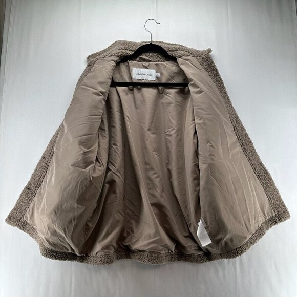 Calvin Klein Sherpa Jacket Womens Size M Deep Pile Fleece Utility Shacket Brown - Picture 2 of 12